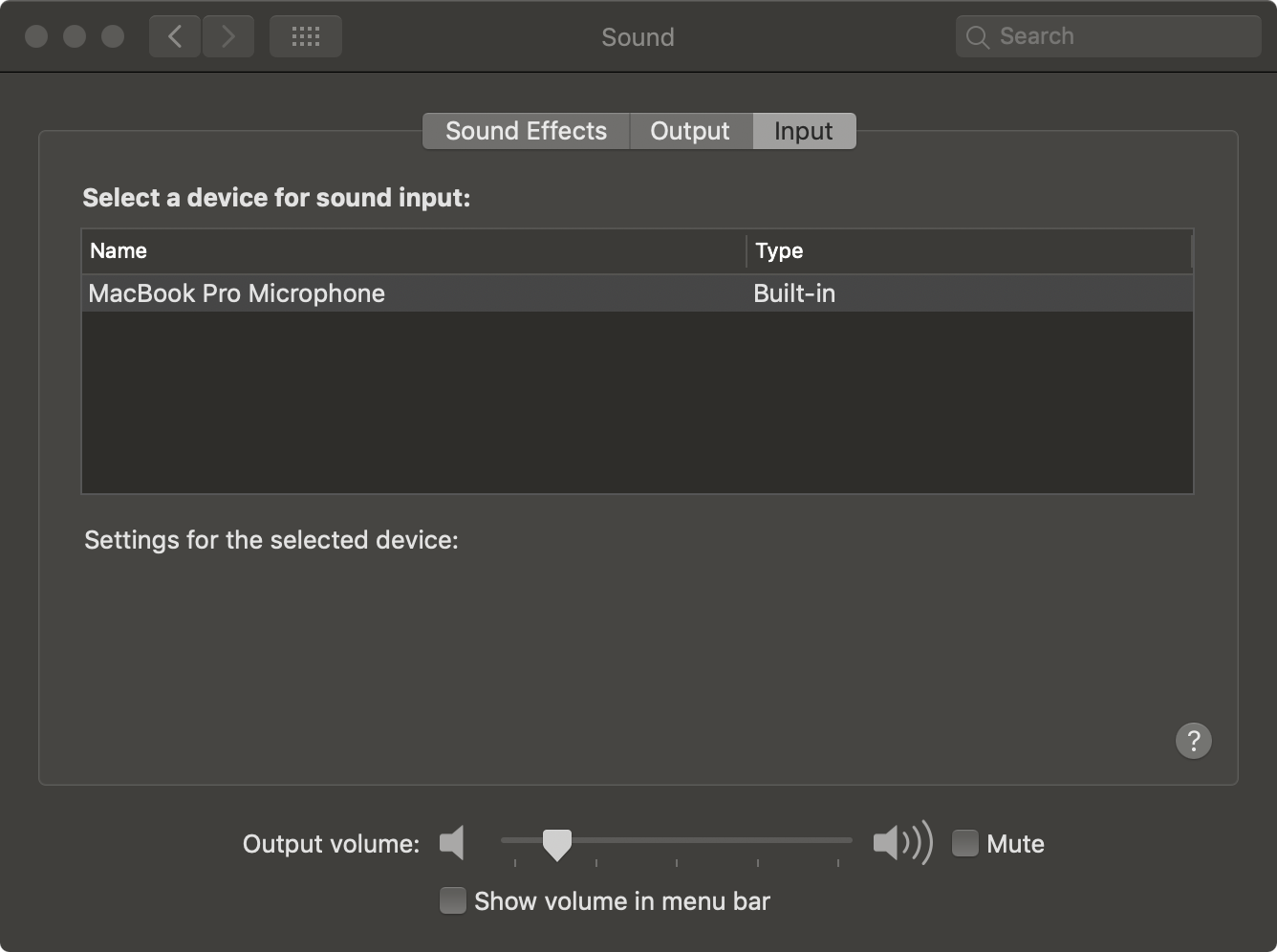 Screen capture of OSX sound settings