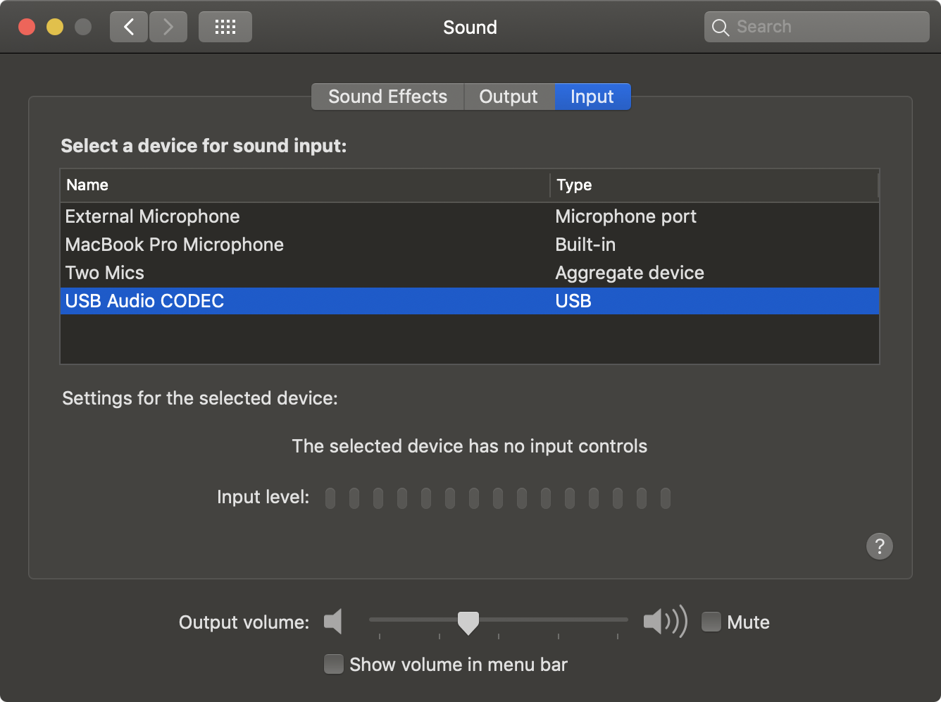 Screen capture of OSX sound settings