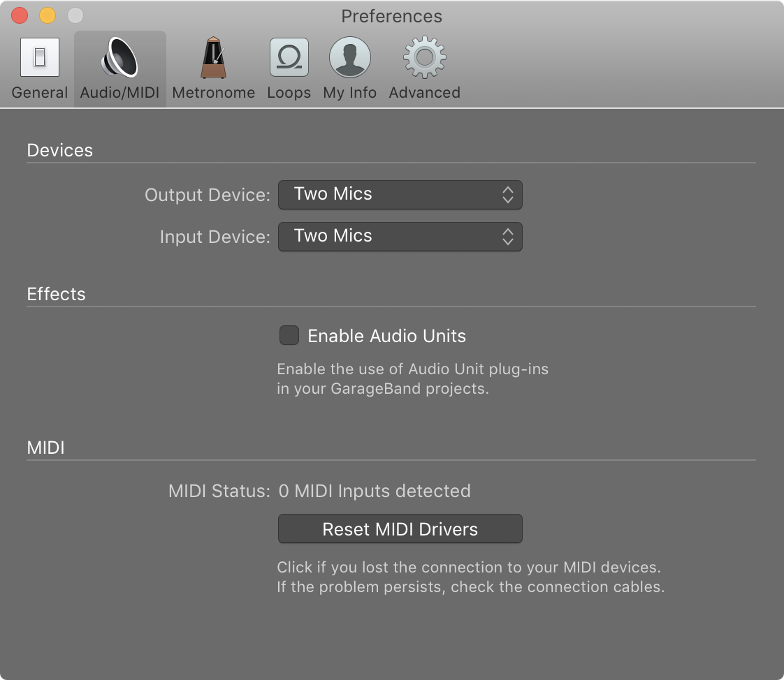 Screen capture of Audio MIDI Setup window showing the new Two Mics device