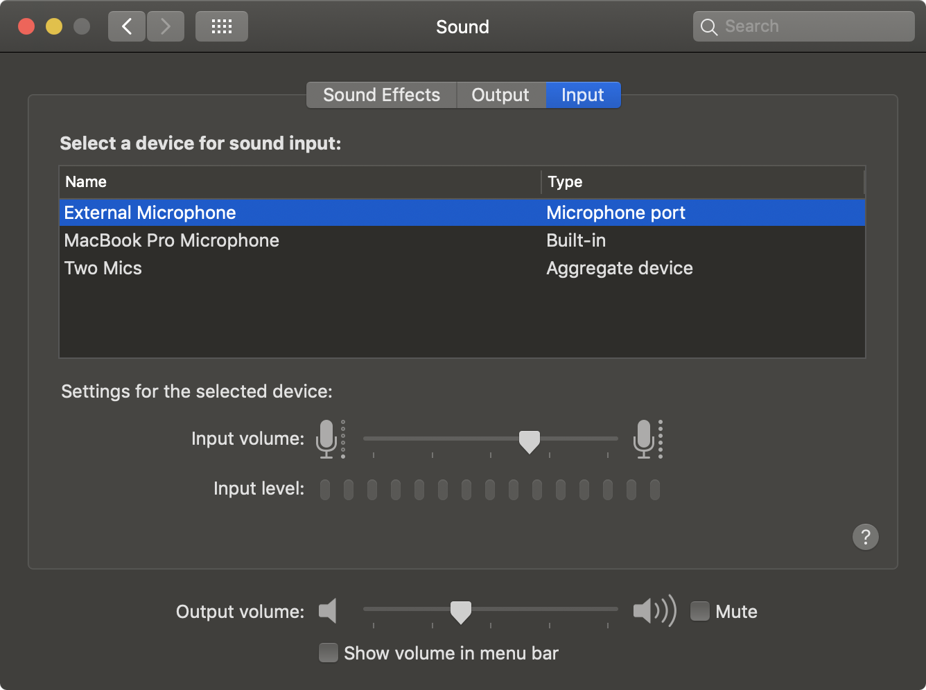 Screen capture of OSX sound settings